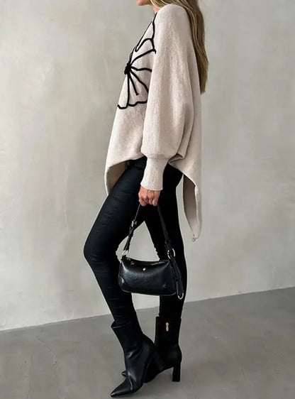 Women's Sweater Spring Autumn New Jacquard Batwing Sleeve Asymmetrical Pullover Sweater Casual Round Neck Loose Fit Top