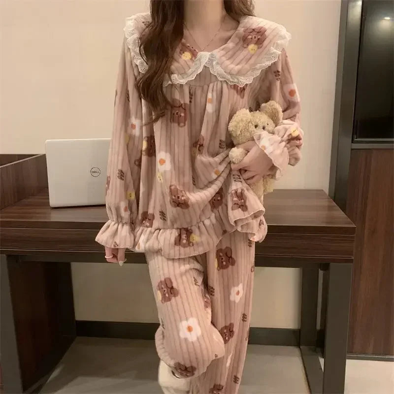 Ruffles Pajamas for Women Autumn Winter Peter Pan Collar Ruffle Sleeve Pajama Top and Elastice Waist Pants 2 Pcs Pajama Sets
