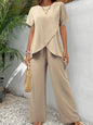 Casual Solid Suit Women 2025 Fashion Round Neck Short Sleeve Irregular Split Top Elastic Waist Trousers Two Piece Set