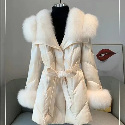 New Women High-end Down Jacket Imported copy Fox Fur Shawl Collar Down Coat Long Young Fashion Warm Slim-fit Fashion Jacket
