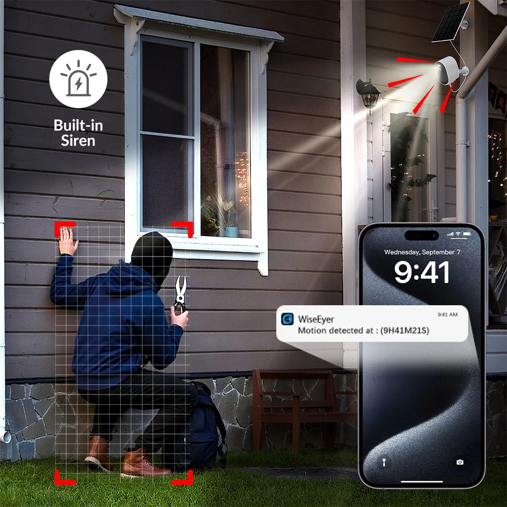 Waterproof Solar Powered WiFi Cameera Outdoor Home Security Camera Two-Way Audio PIR Motion Alarm Cloud Storage Battery Powered