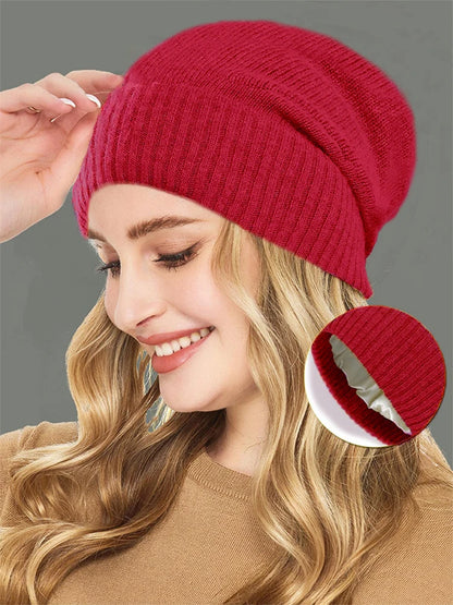 100%Cashmere Beanie Hat for Women's Winter Satin Lined Knitted Solid Skullies Cap Silk Lining Soft Warm Slouchy Bonnet