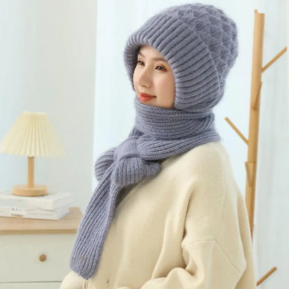 Winter Knitted Integrated Hat Scarf Set Cold Proof Ear Protection Scarf Warm Beanies Cycling Windproof Ladies Outdoor Caps
