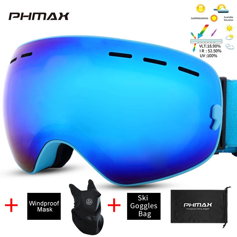 PHMAX Ski Goggles Men Snowboard Glasses Women Winter Outdoor Snow Sunglasses UV400 Double Layers Lens Anti-Fog Skiing Goggles