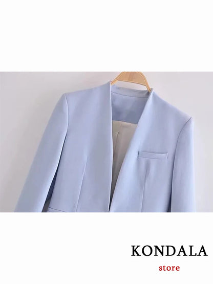 KONDALA Office Lady Light Blue Blazer Suits Women 2 Pieces V Neck Loose Jackets+High Waist Sashes Pants Fashion 2023 Autumn Sets