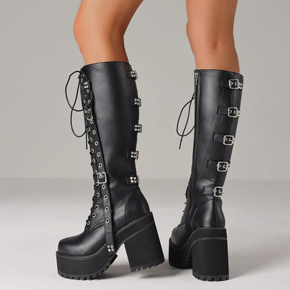 Punk Gothic Women Motorcycle Boots Chunky High Heels Lace Up Buckle Platform Fashion Cool Luxury Halloween Winter Shoes