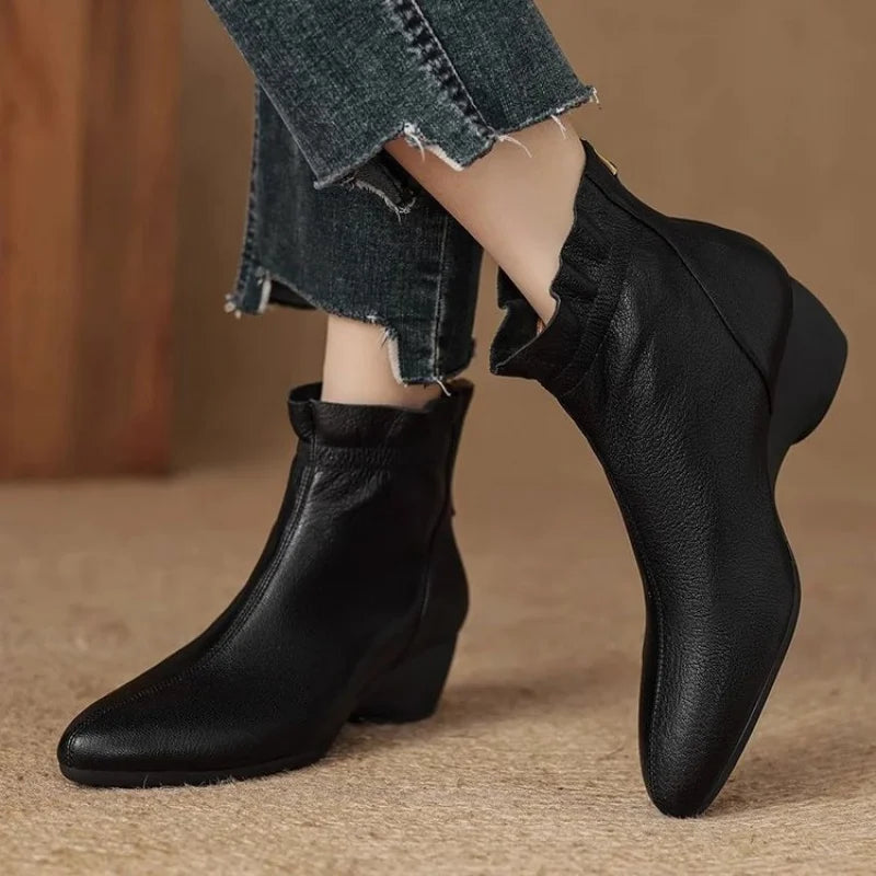 2025 Autumn Winter New Women's Soft Leather Ankle Boots - Block Low Heel, Side Zipper, Comfortable for Commuting
