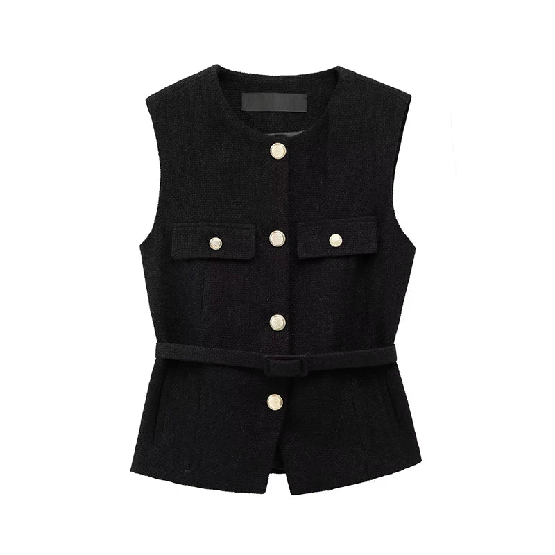 RAFZNB Fashion with Belt Waistcoat for Women Spring O Neck Sleeveless Single Breasted Slim Vest Casual Female Outerwear Chic Top