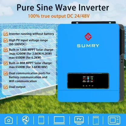 SUMRY 3.6kw ON/off gird solar inverter 24V 120V Pure Sine Wave MPPT Solar Charger hybrid solar inverter
