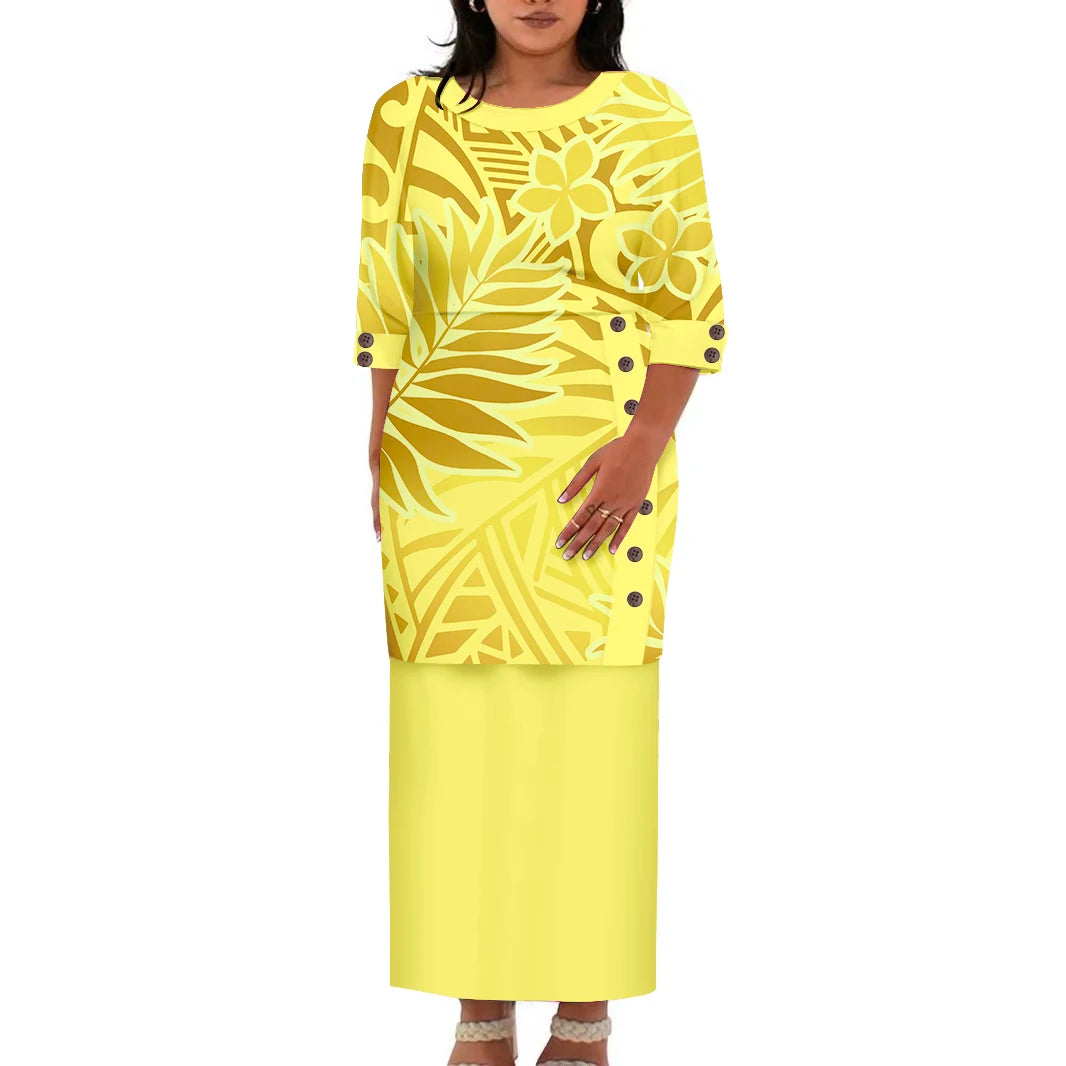 Hawaii Style Design Big Size Ladies Long Dress Custom Polynesian Puletasi Ptaha Dress O Neck Prom Clothes 2 Piece Outfits Sets