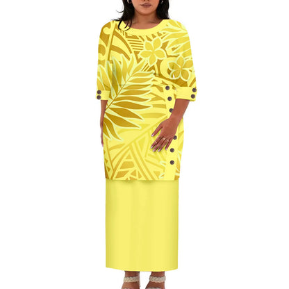 Hawaii Style Design Big Size Ladies Long Dress Custom Polynesian Puletasi Ptaha Dress O Neck Prom Clothes 2 Piece Outfits Sets
