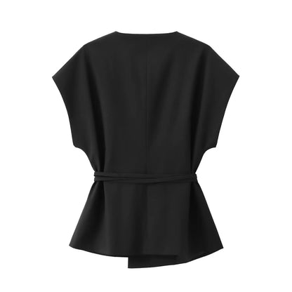 TFMLN Fashion Women's Trouser Suits Sleeveless V-Neck Top With Belt Straight Pants Sets 2025 Spring Summer Commuter 2 Piece Set