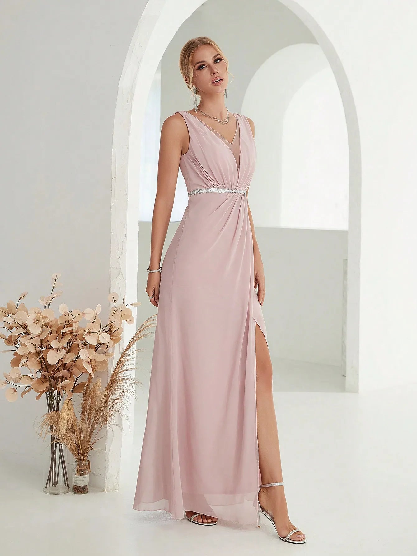 Mgiacy Shoulder deep V-neck silver sequin belt pleated chiffon slit skirt Evening gown Ball dress Party dress Bridesmaid dress