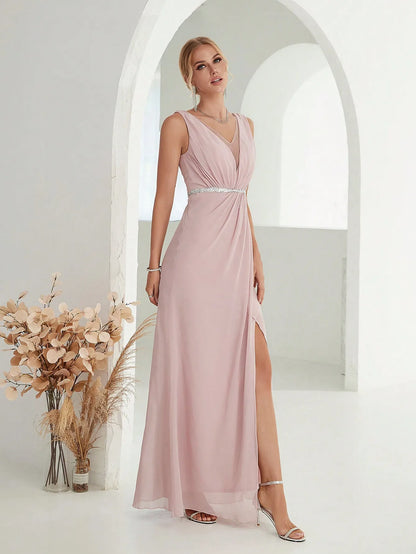 Mgiacy Shoulder deep V-neck silver sequin belt pleated chiffon slit skirt Evening gown Ball dress Party dress Bridesmaid dress