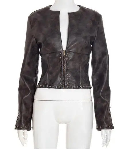 Women's Jacket Spring Autumn New Vintage Leather Half Open Collar Zipper Rivet Long Sleeve Streetwear Casual Crop Jacket