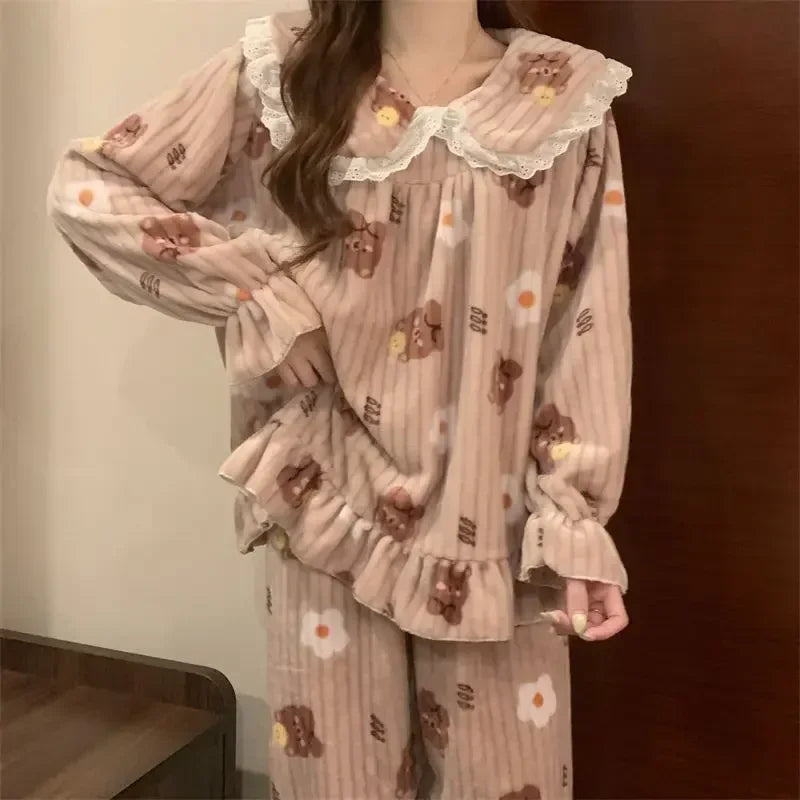 Ruffles Pajamas for Women Autumn Winter Peter Pan Collar Ruffle Sleeve Pajama Top and Elastice Waist Pants 2 Pcs Pajama Sets