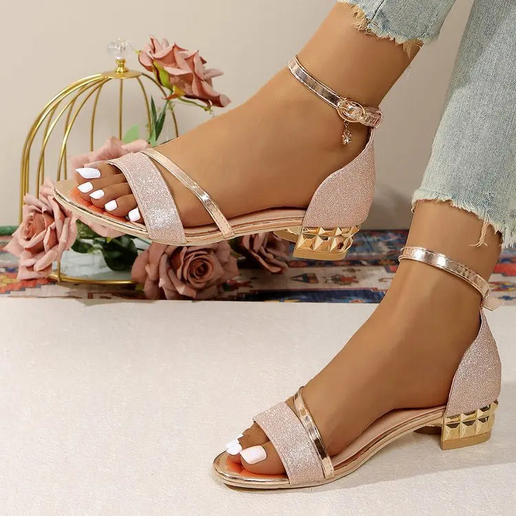 Summer Plus Size Women's Modern Cover Heel Sandals Fashion Ankle Buckle Strap Shoes Bling Crystal Low Heel Dress Sandals