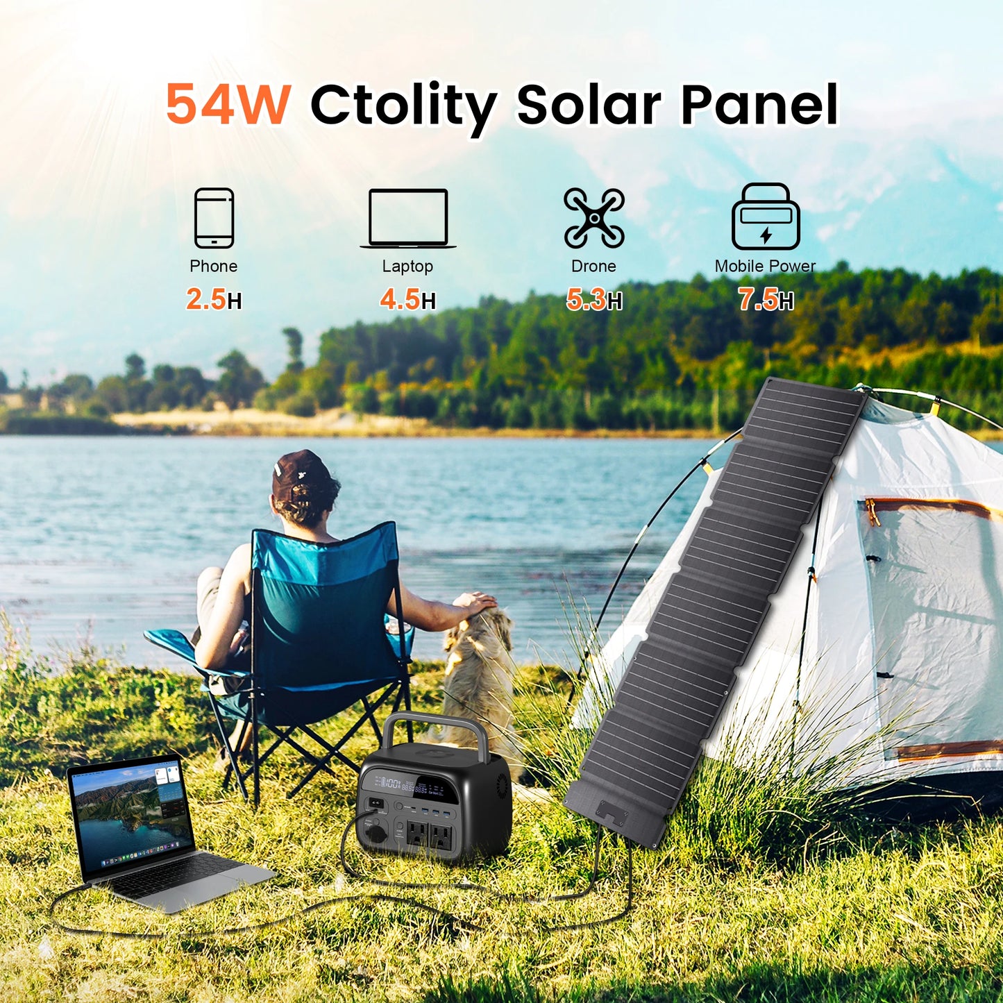 CTOLITY 54W Portable Solar Panel 20.5V Foldable Solar Charger for Power Bank Phone Laptop for Camping Hiking RV Trip Phone