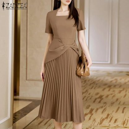 ZANZEA Elegant Office Work Dresses 2025 Women Summer Dress Square Neck Party Sundress Fashion Short Sleeve Pleated Vestidos Robe