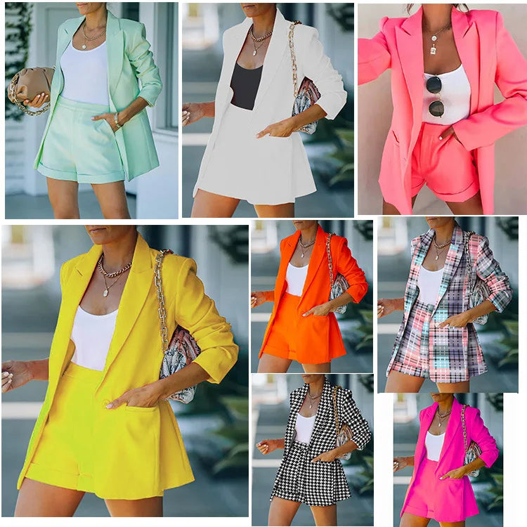 2025 Elegant Two Piece Blazer Suit Sets Women OL Office Sets Slim Cardigan Blazer Shorts Solid 2 Piece Set Casual Blazers Set