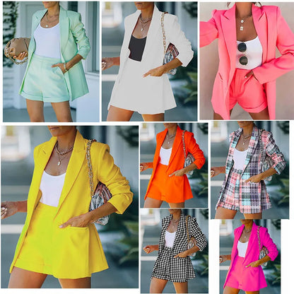 2025 Elegant Two Piece Blazer Suit Sets Women OL Office Sets Slim Cardigan Blazer Shorts Solid 2 Piece Set Casual Blazers Set