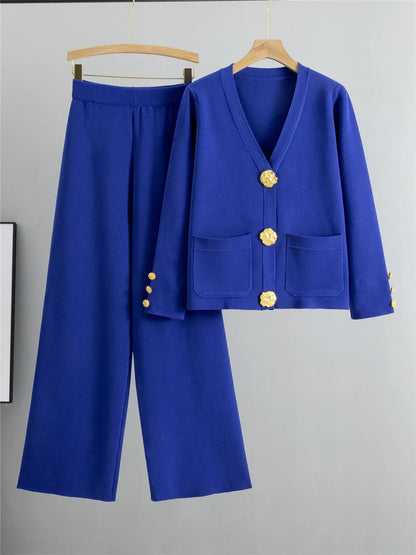 Women Elegant Knitted 2 Piece Sets Korean Knit Single Breasted Sweater Cardigan Tops Conjuntos High Waist Wide Leg Pants Outfit