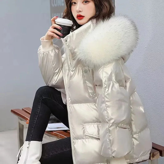2025 Winter Fashion New Warm Duck Down Jacket Women's Clothes Glossy Fur collar Thicken Parka Short Down Coat Female Trend
