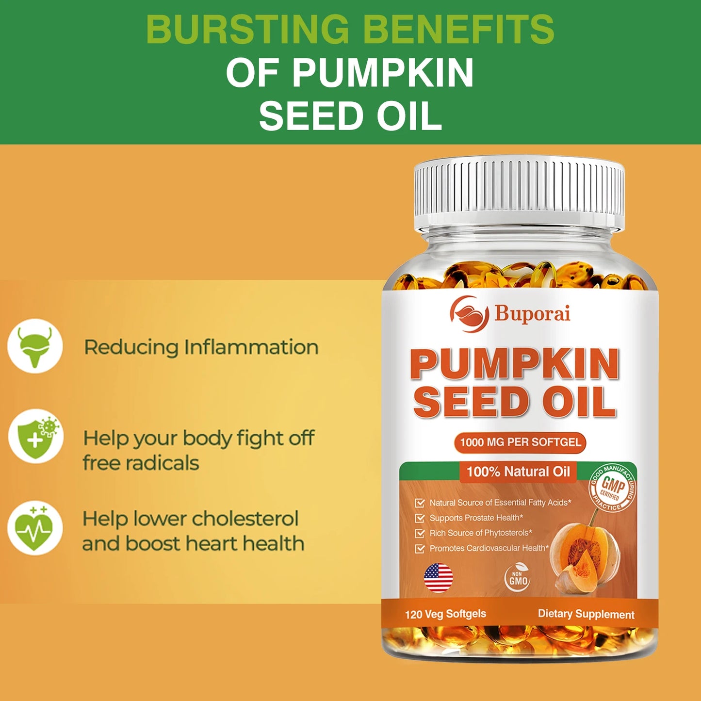 Pumpkin Seed Oil Capsules - Supports Prostate, Urinary Tract, Bladder Health, and Promotes Hair Growth