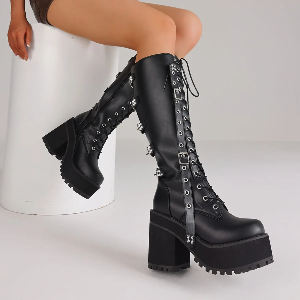 Punk Gothic Women Motorcycle Boots Chunky High Heels Lace Up Buckle Platform Fashion Cool Luxury Halloween Winter Shoes