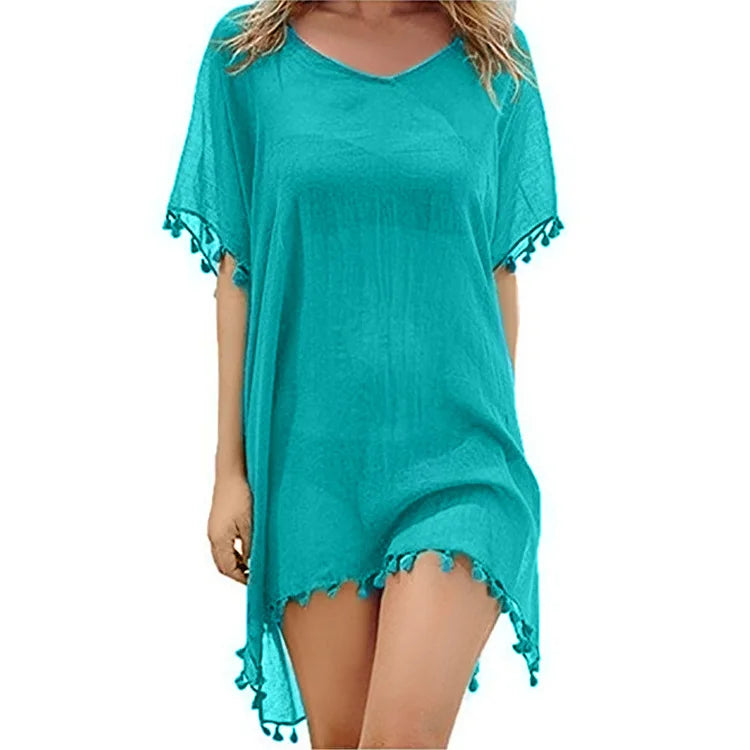 2023 Chiffon Tassels Beach Wear Women Swimsuit Cover Up Swimwear Bathing Suits Summer Mini Dress Loose Solid Pareo Cover Ups