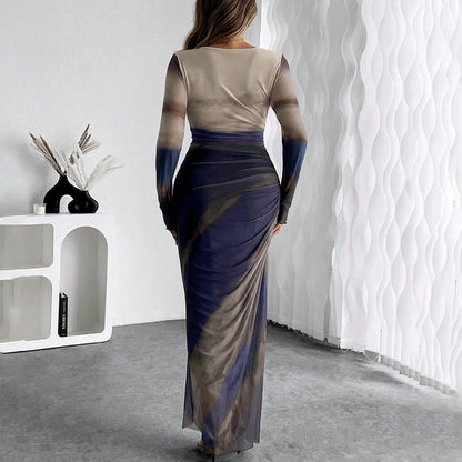 Women's New High Waist Dress Fashion Printed Waist Pleated Design Round Neck Long Sleeves Autumn Dating  Fashion Party Dress