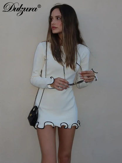 Long Sleeves Ruffles Patchwork Bodycon Mini Dress, Elegant and Sexy.