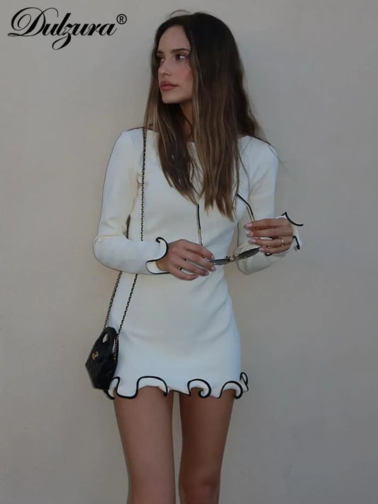 Long Sleeves Ruffles Patchwork Bodycon Mini Dress, Elegant and Sexy.