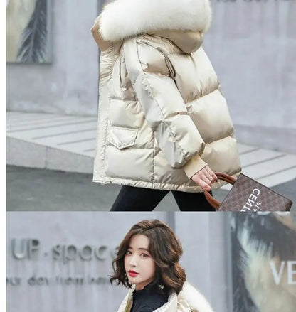2025 Winter Fashion New Warm Duck Down Jacket Women's Clothes Glossy Fur collar Thicken Parka Short Down Coat Female Trend