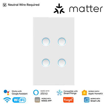MOES Matter Tuya WiFi Smart Concave Glass Panel Light Switch Neutral Wire Required Compatible with Alexa Google Home SmartThings