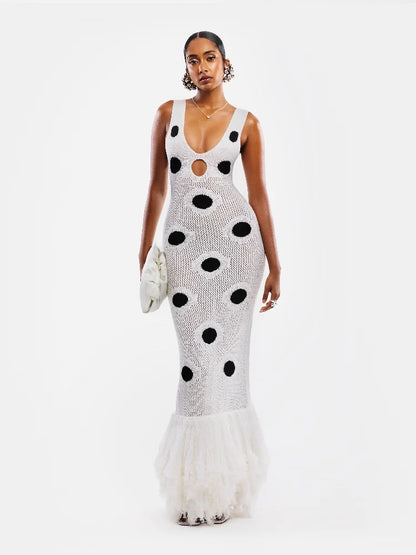 Designed Polka Dot Knitted Long Dress V Neck Hollow Out Fringe Hem Dresses 2025 Summer New Women's Elegant Party Evening Gown