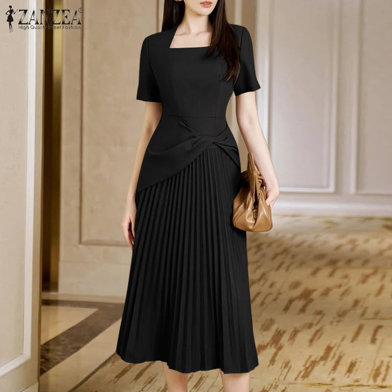 ZANZEA Elegant Office Work Dresses 2025 Women Summer Dress Square Neck Party Sundress Fashion Short Sleeve Pleated Vestidos Robe