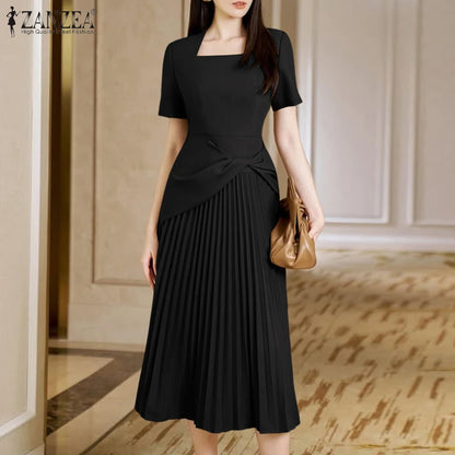 ZANZEA Elegant Office Work Dresses 2025 Women Summer Dress Square Neck Party Sundress Fashion Short Sleeve Pleated Vestidos Robe