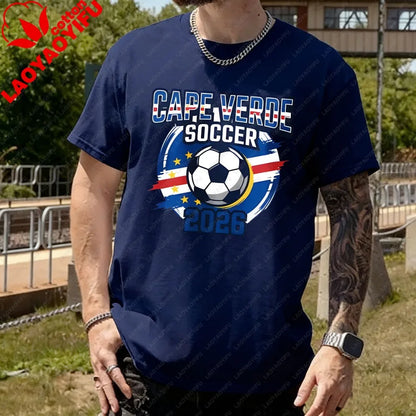 Men's T-Shirt with A Cape Verde 2026 Football Theme Printing Pattern Tshirt Cotton Short-Sleeve Summer Tops Celebration Outfit