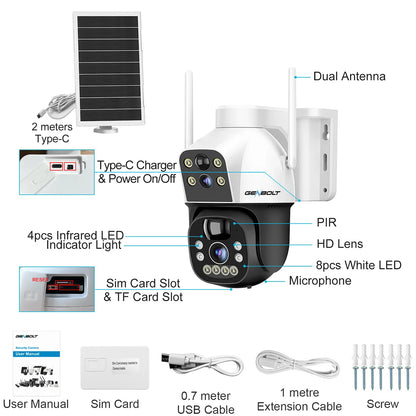 GENBOLT 4G Sim Camera Solar No WiFi Outdoor Dual Lens Spotlight Color Night Vision PIR Detection 8W 15600mAh Battery Home CCTV