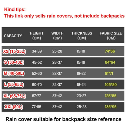 Waterproof Backpack Rain Cover 15-75L Outdoor Sport Cycling Safety Light Rain Cover Outdoor Camping Hiking Bag Rain Cover
