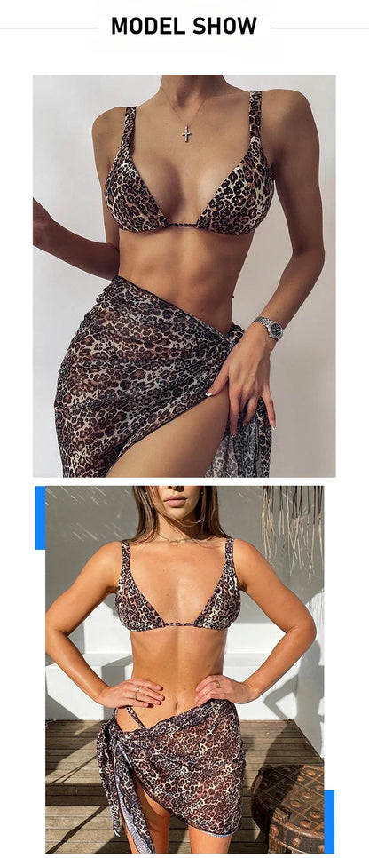 3 Piece Bikini Set Sexy Swimwear Swimsuit Women Triangle Leopard Rainbow Tie Dye Bikinis Set Bathing Suit Beach Skirt Cover Up