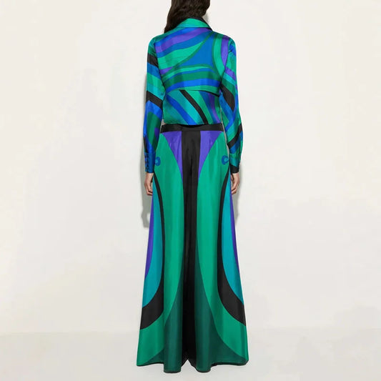 Vintage Geometric Print Satin Elegant Women's Sets Spring Button Polo Neck Shirt & Wide Leg Pants Outfit Long Sleeve Autumn Suit