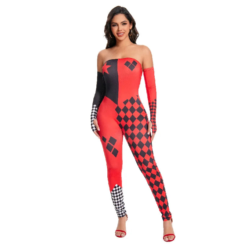 [You're My Secret] Halloween Cosplay Harley Q Clown Costume Sexy Jumpsuit for Women Bodysuit Masquerade Disguise Zentai Outfit