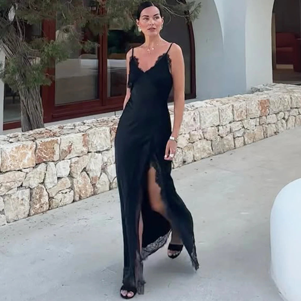 Talenza Black Luxury Evening Dress Women Sexy Lace Patchwork Sleeveless Backless Dress Elegant Party Look Fashion  Female Dress