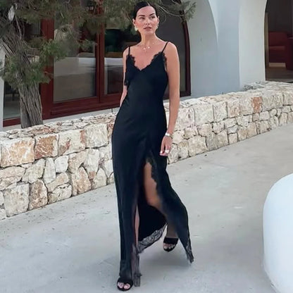 Talenza Black Luxury Evening Dress Women Sexy Lace Patchwork Sleeveless Backless Dress Elegant Party Look Fashion  Female Dress