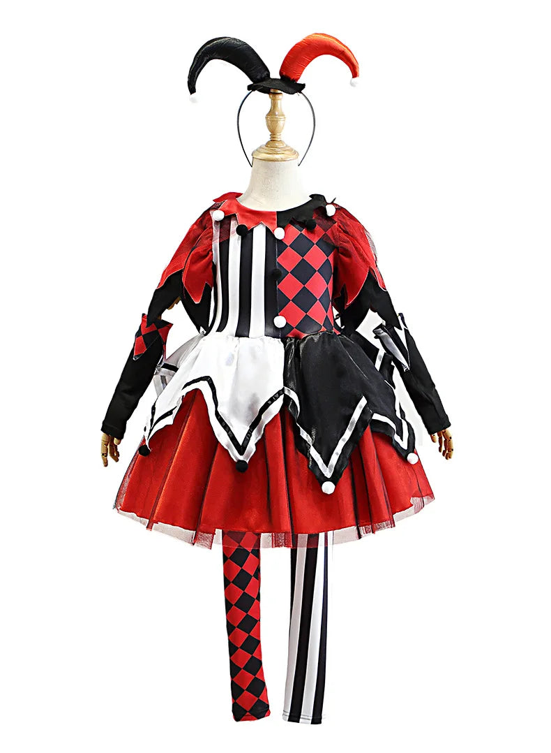 Naughty Girls Clown Costume Kids Circus Scary Tutu Dress Halloween Cosplay Costumes Carnival Party Jester Dress Up Full Set