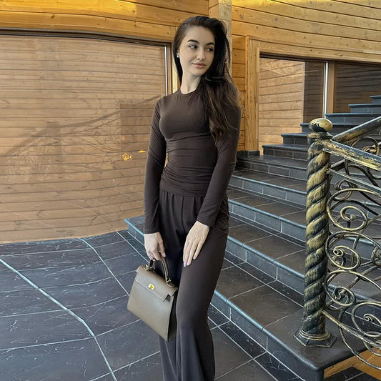 Basic Wide Leg Pants Leisure Suit Women 2025 Spring Solid Long Sleeve Top Casual Loose Trousers 2 Piece Set Hottie Streetwear