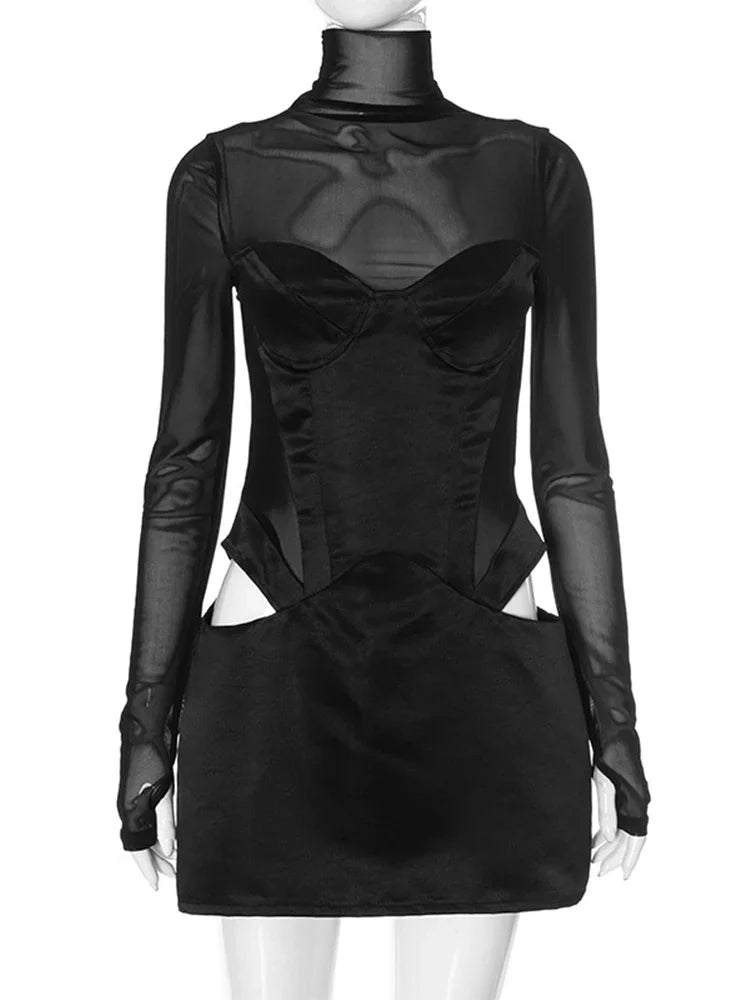 Trendix Fashion Mesh Long Sleeve Mini Dress Club See Through Turtleneck Splice Hollow Bodysuit Dress Party Hot Girls Sexy Dress