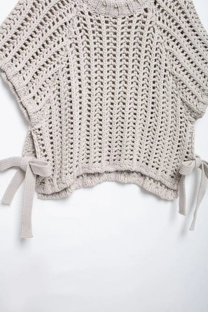 EDSA Women Chunky Knit Top with Side Straps O-Neck Short Sleeves Hollow Out Cropped Sweater Pullover for Casual Female